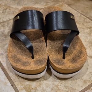 Reef Black Leather Sandals with Cork Footbed